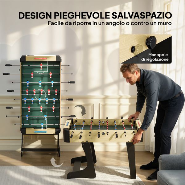Calcio balilla pieghevole con impugnature antiscivolo, 2 palline e segnapunti, verde e color legno - 