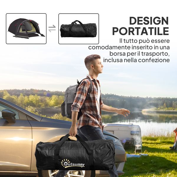 Tenda a tunnel per 2 persone con finestre laterali e gancio, in poliestere 190t e pe, 3.3x1.9x1.2 m, nero - 