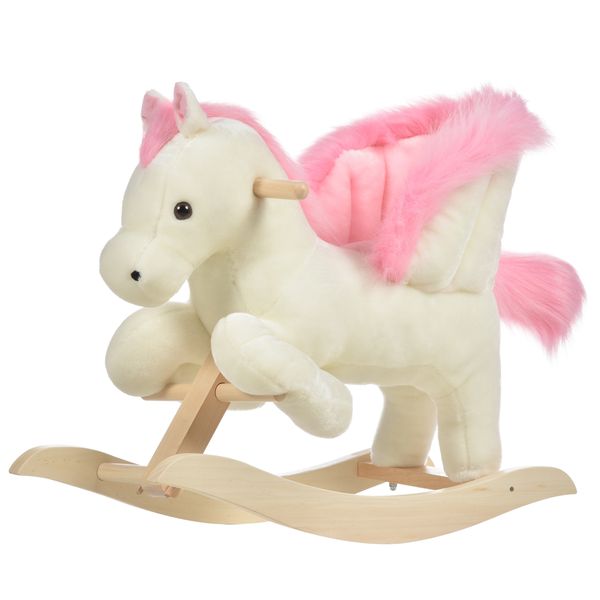 Cavallo a dondolo bianco e rosa con suoni e struttura in legno di pioppo per bambini 18-36 mesi, 70x28x57cm - 