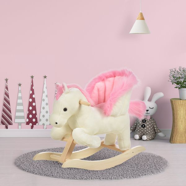 Cavallo a dondolo bianco e rosa con suoni e struttura in legno di pioppo per bambini 18-36 mesi, 70x28x57cm - 