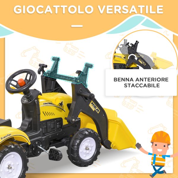 Escavatore a pedali per bambini da 3 anni con ruspa frontale, rimorchio e 6 ruote, giallo - 