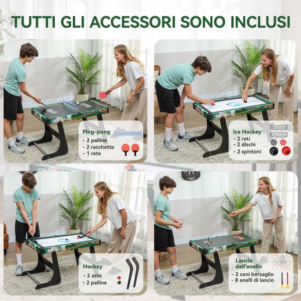 Tavolo da gioco 6 in 1 con calcio balilla, biliardo, air hockey, ping pong, anelli e hockey su prato, 118x104x71 cm - 