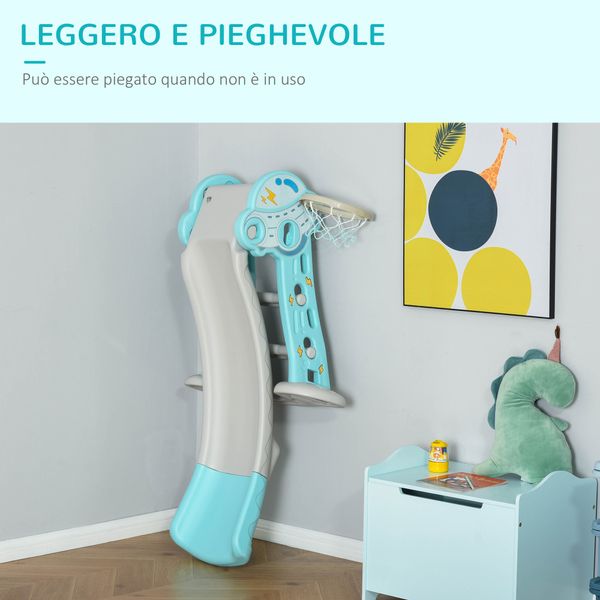 Scivolo per bambini da 18 mesi pieghevole con 3 scalini e canestro basket, 140x87x75cm, blu e grigio - 