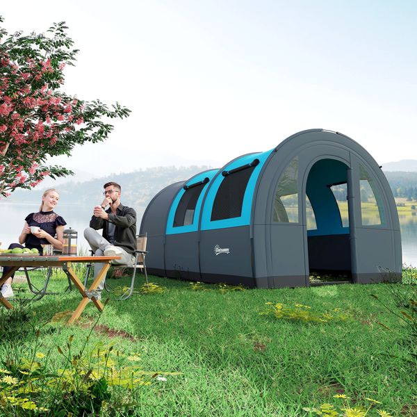 Tenda da campeggio 3 posti impermeabile con zona notte e giorno, in poliestere, 480x260x200 cm, grigio e blu - 