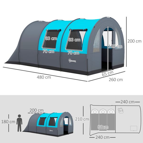 Tenda da campeggio 3 posti impermeabile con zona notte e giorno, in poliestere, 480x260x200 cm, grigio e blu - 