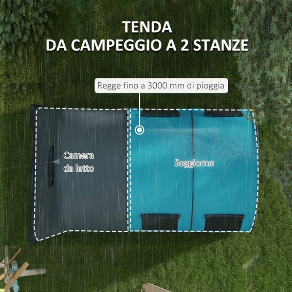 Tenda da campeggio 3 posti impermeabile con zona notte e giorno, in poliestere, 480x260x200 cm, grigio e blu - 