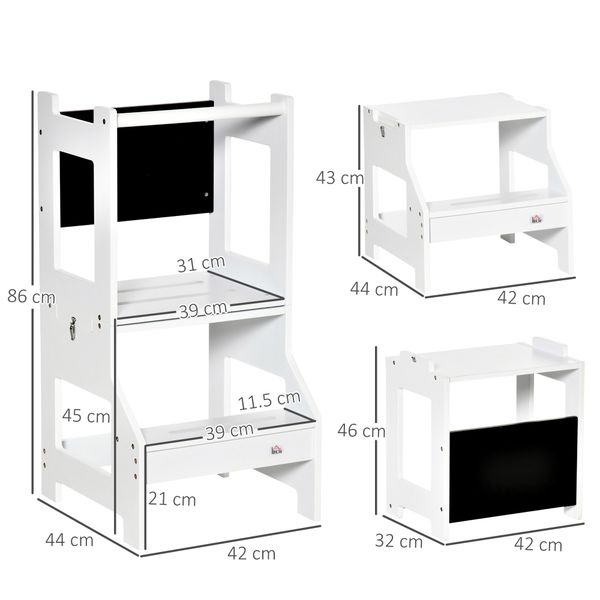 Scala montessori 2 in 1 in mdf staccabile, con sgabello, lavagna inclusi, per bambini 3-6 anni, bianco - 
