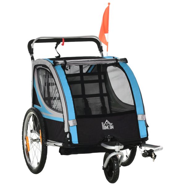 Rimorchio bici per bambini e passeggino 2 in 1 con cintura, tasche e bandierina, blu - 