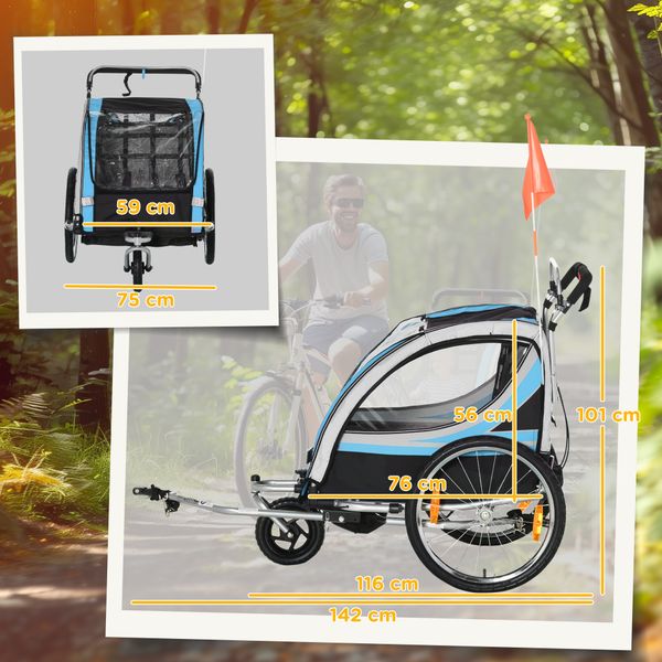 Rimorchio bici per bambini e passeggino 2 in 1 con cintura, tasche e bandierina, blu - 
