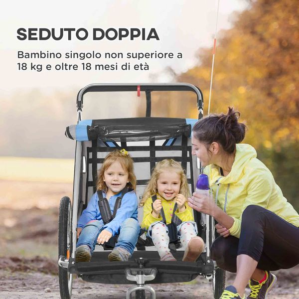 Rimorchio bici per bambini e passeggino 2 in 1 con cintura, tasche e bandierina, blu - 