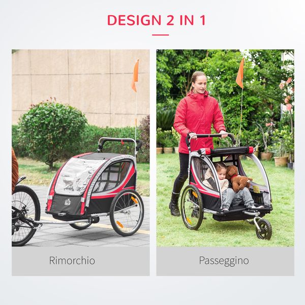 Rimorchio bici per bambini e passeggino, design 2 in 1 con freno, cintura a 5 punti, carrello rimorchio per bicicletta - 