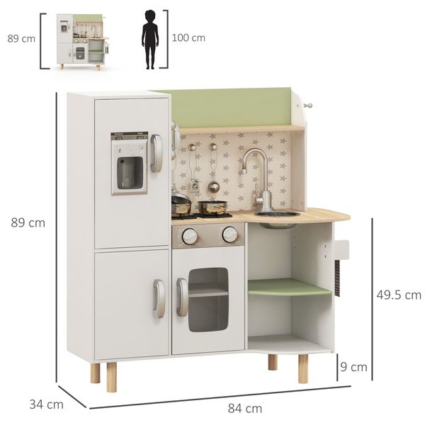 Cucina giocattolo per bambini 3-6 anni con macchina del ghiaccio e utensili, 84x34x89 cm, bianco e verde - 