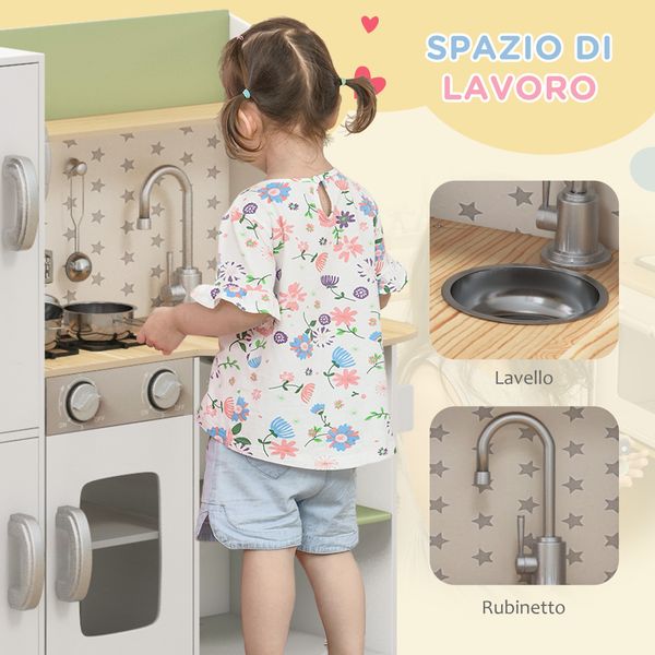 Cucina giocattolo per bambini 3-6 anni con macchina del ghiaccio e utensili, 84x34x89 cm, bianco e verde - 