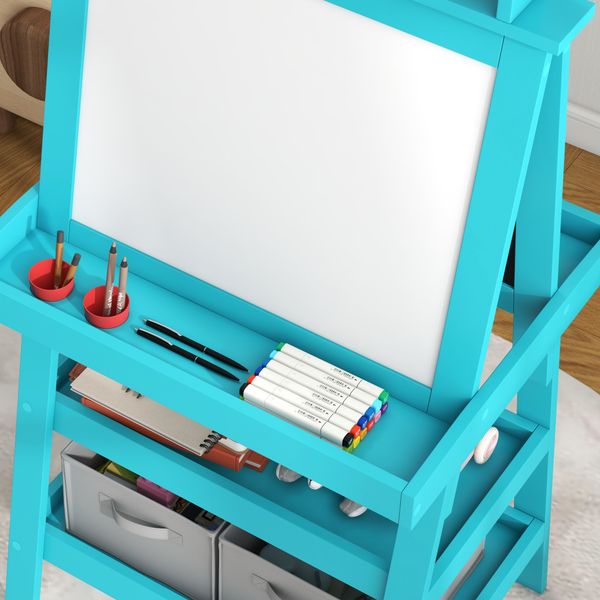 Lavagna per bambini con cavalletto 3 in 1, rotolo di carta e 2 contenitori, in legno, 59x48x118 cm, blu - 