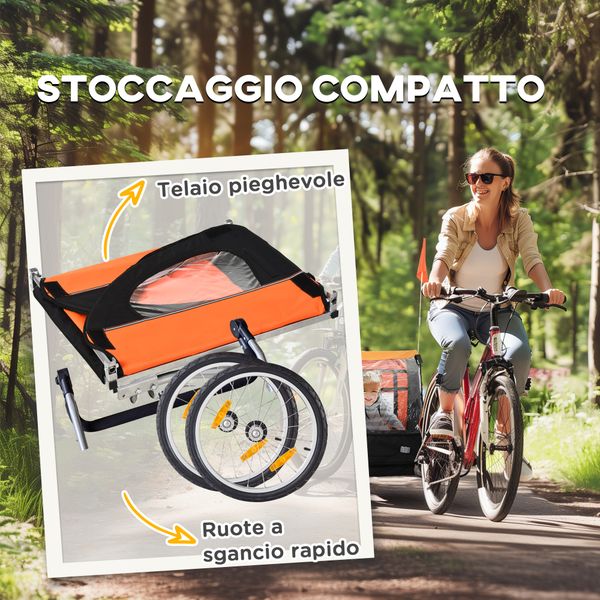 Rimorchio bici bambini con 2 posti, 2 cinture di sicurezza, telaio in acciaio e copertura in tessuto oxford arancione - 
