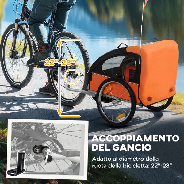 Rimorchio bici bambini con 2 posti, 2 cinture di sicurezza, telaio in acciaio e copertura in tessuto oxford arancione - 