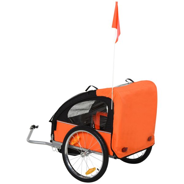 Rimorchio bici bambini con 2 posti, 2 cinture di sicurezza, telaio in acciaio e copertura in tessuto oxford arancione - 