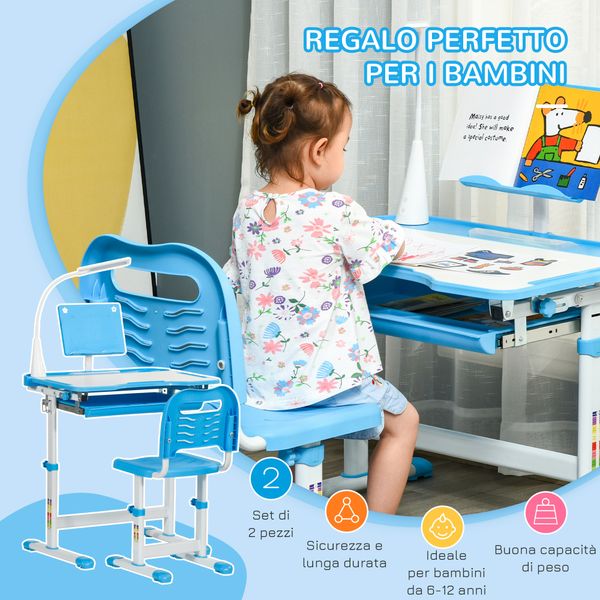 Banco scuola con sedia per bambini 6-12 anni con altezza e inclinazione regolabile, blu - 