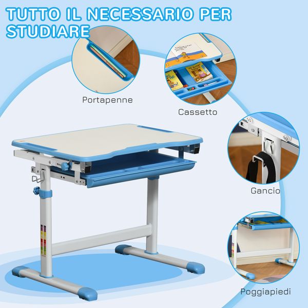 Banco scuola per bambini 6-12 anni con sedia regolabile, cassetto e piano inclinabile, 66x47x52-77 cm, blu - 