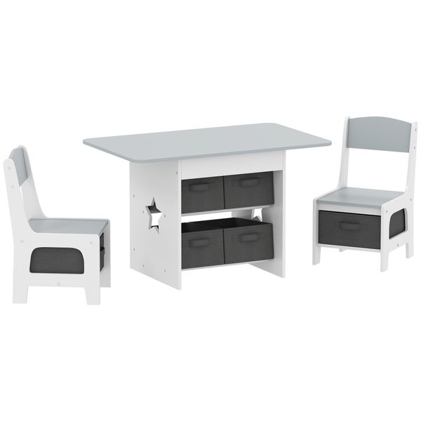 Set tavolo e sedie per bambini 3-8 anni con 6 cassetti e bordi arrotondati, in legno e tessuto, grigio e bianco - 
