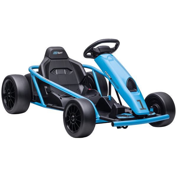 Go-kart elettrico per bambini 8-12 anni con schienale alto e cintura di sicurezza, 115x77x54 cm, blu e nero - 