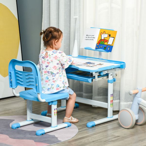 Banco scuola con sedia per bambini 6-12 anni con altezza e inclinazione regolabile, blu - 