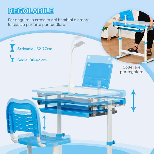 Banco scuola con sedia per bambini 6-12 anni con altezza e inclinazione regolabile, blu - 