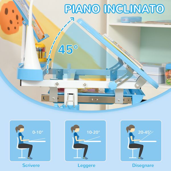 Banco scuola con sedia per bambini 6-12 anni con altezza e inclinazione regolabile, blu - 