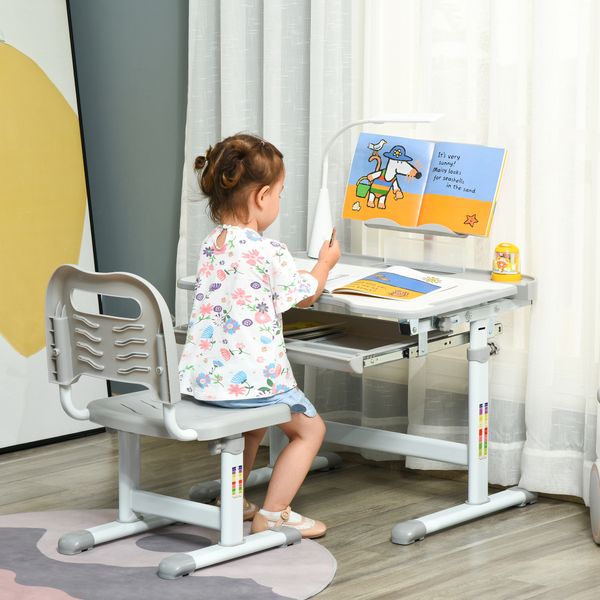 Banco scuola con sedia per bambini 6-12 anni con altezza e inclinazione regolabile, grigio - 