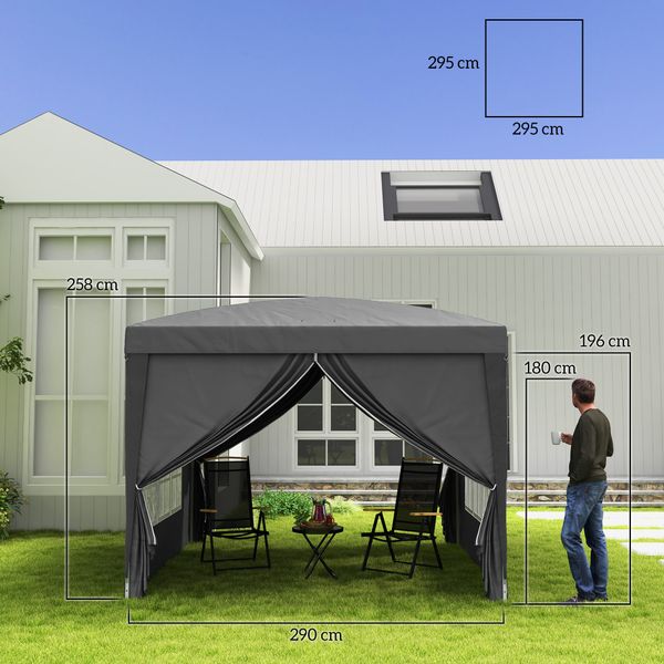 Gazebo da esterno 3x3 m pieghevole con 4 pannelli laterali, in acciaio e tessuto oxford grigio - 