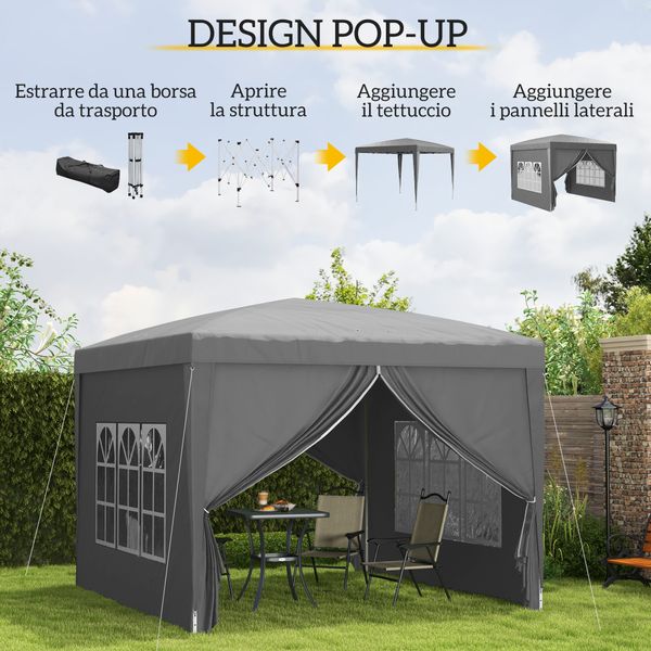 Gazebo da esterno 3x3 m pieghevole con 4 pannelli laterali, in acciaio e tessuto oxford grigio - 