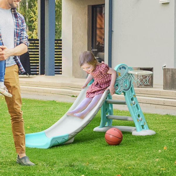 Scivolo per bambini da 18 mesi pieghevole con 3 scalini e canestro basket, 140x87x75cm, blu e grigio - 