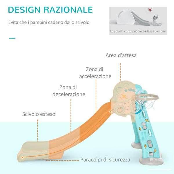 Scivolo per bambini da 18 mesi pieghevole con 3 scalini e canestro basket, 140x87x75cm, blu e grigio - 