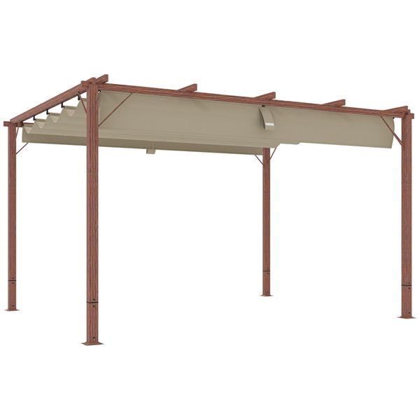 Gazebo pergola con tetto retrattile, picchetti e viti, in poliestere e alluminio, 382x300x232 cm, color legno - 