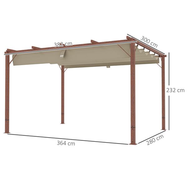 Gazebo pergola con tetto retrattile, picchetti e viti, in poliestere e alluminio, 382x300x232 cm, color legno - 