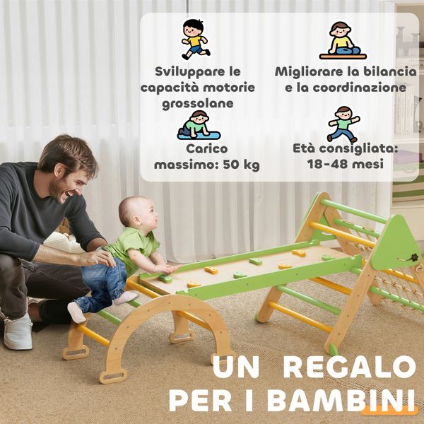 Gioco per bambini 8 in 1 con triangolo, parete liscia e arco, in legno di pioppo e pino, 191.5x74.5x63 cm - 