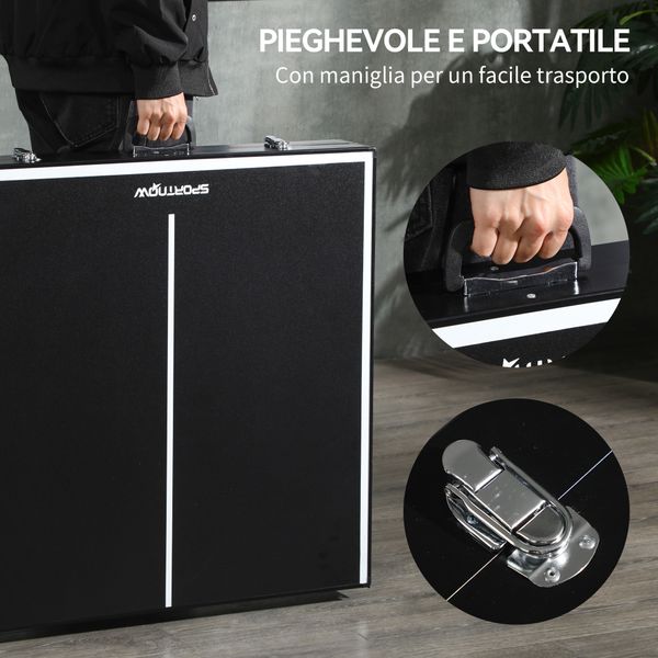 Tavolo ping pong pieghevole con maniglia da trasporto, in alluminio e legno, 152x76x72 cm, nero - 