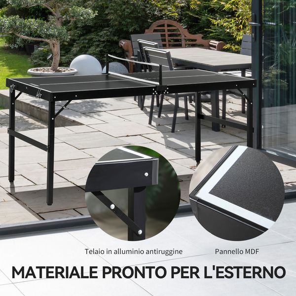 Tavolo ping pong pieghevole con maniglia da trasporto, in alluminio e legno, 152x76x72 cm, nero - 
