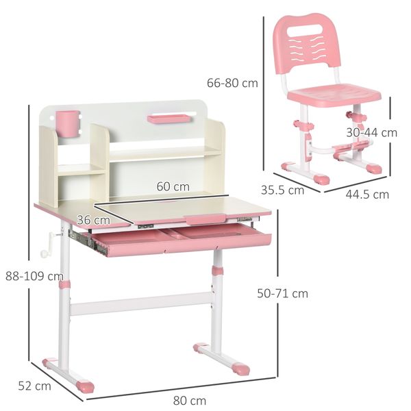 Set scrivania e sedia per bambini da 3 anni regolabile, tavolo inclinabile a 60° con cassetto e ripiani, rosa - 