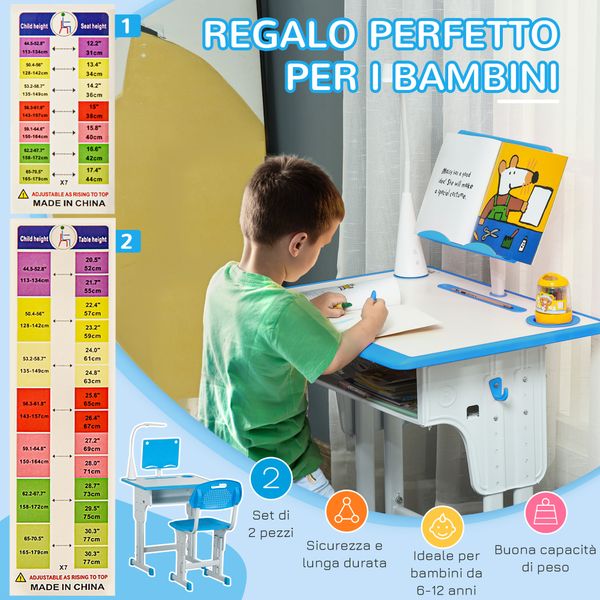 Banco scuola con sedia ad altezza regolabile e luce per bambini 6-12 anni, acciaio e mdf, grigio - 