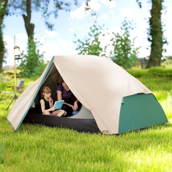 Tenda da campeggio 2 posti con 2 vestiboli, 2 porte, 2 finestre e borsa di trasporto, 2.8x2.25x1.1 cm, beige - 