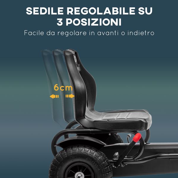 Go kart a pedali per bambini 5-12 anni in pp e metallo nero con sedile regolabile e freno a mano, 121x58x61 cm - 