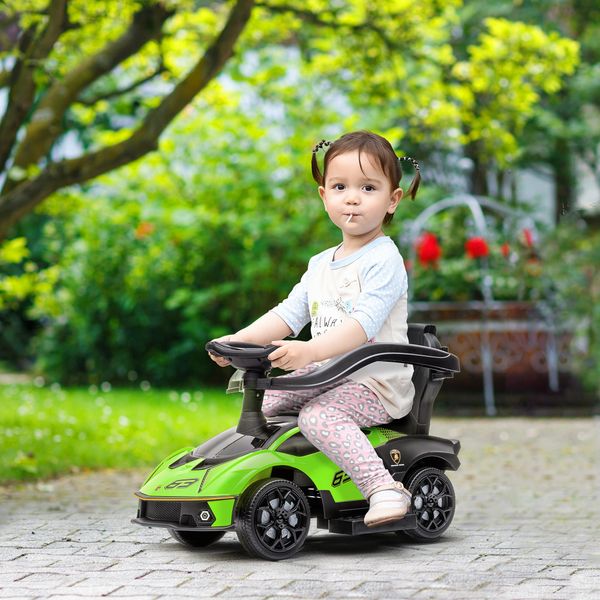 Macchinina lamborghini ufficiale 2 in 1 con maniglione e barriera di sicurezza, verde/nero, 12-36 mesi - 