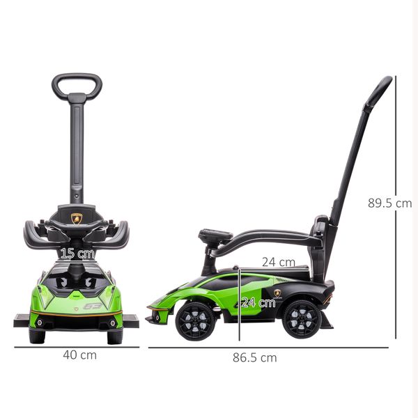 Macchinina lamborghini ufficiale 2 in 1 con maniglione e barriera di sicurezza, verde/nero, 12-36 mesi - 