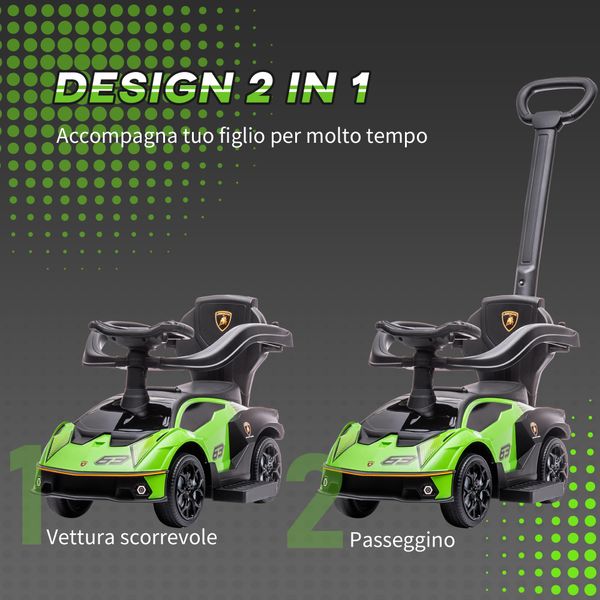 Macchinina lamborghini ufficiale 2 in 1 con maniglione e barriera di sicurezza, verde/nero, 12-36 mesi - 
