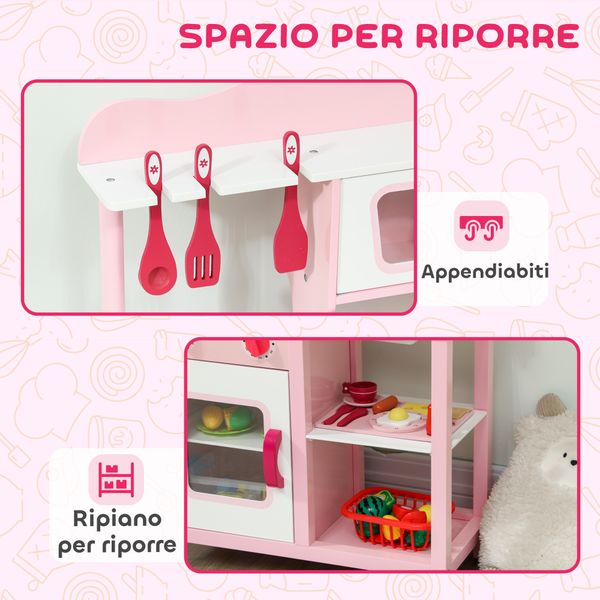 Cucina giocattolo per bambini 3+ anni con microonde, piano cottura e lavandino, in legno, 55x24x86 cm, rosa - 