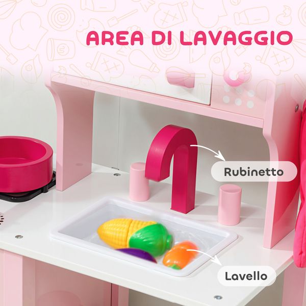 Cucina giocattolo per bambini 3+ anni con microonde, piano cottura e lavandino, in legno, 55x24x86 cm, rosa - 