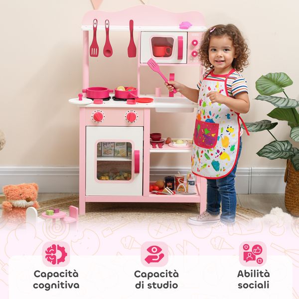 Cucina giocattolo per bambini 3+ anni con microonde, piano cottura e lavandino, in legno, 55x24x86 cm, rosa - 