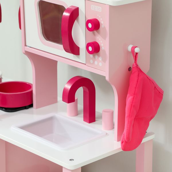 Cucina giocattolo per bambini 3+ anni con microonde, piano cottura e lavandino, in legno, 55x24x86 cm, rosa - 