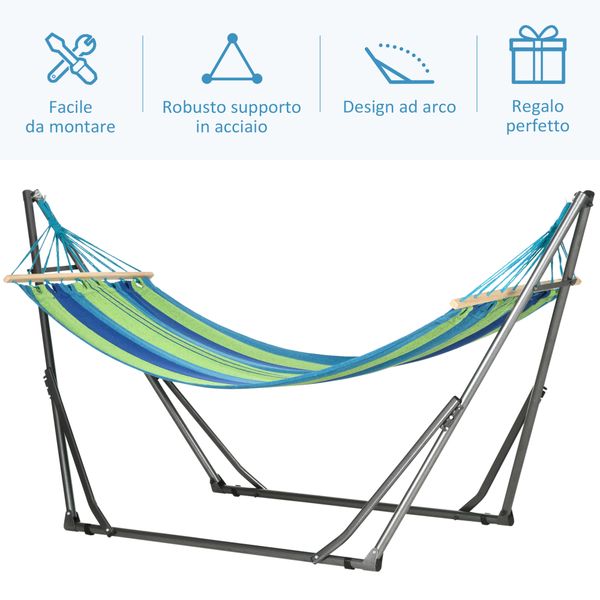 Supporto con amaca autoportante pieghevole in cotone e acciaio, 270x100x94cm - 